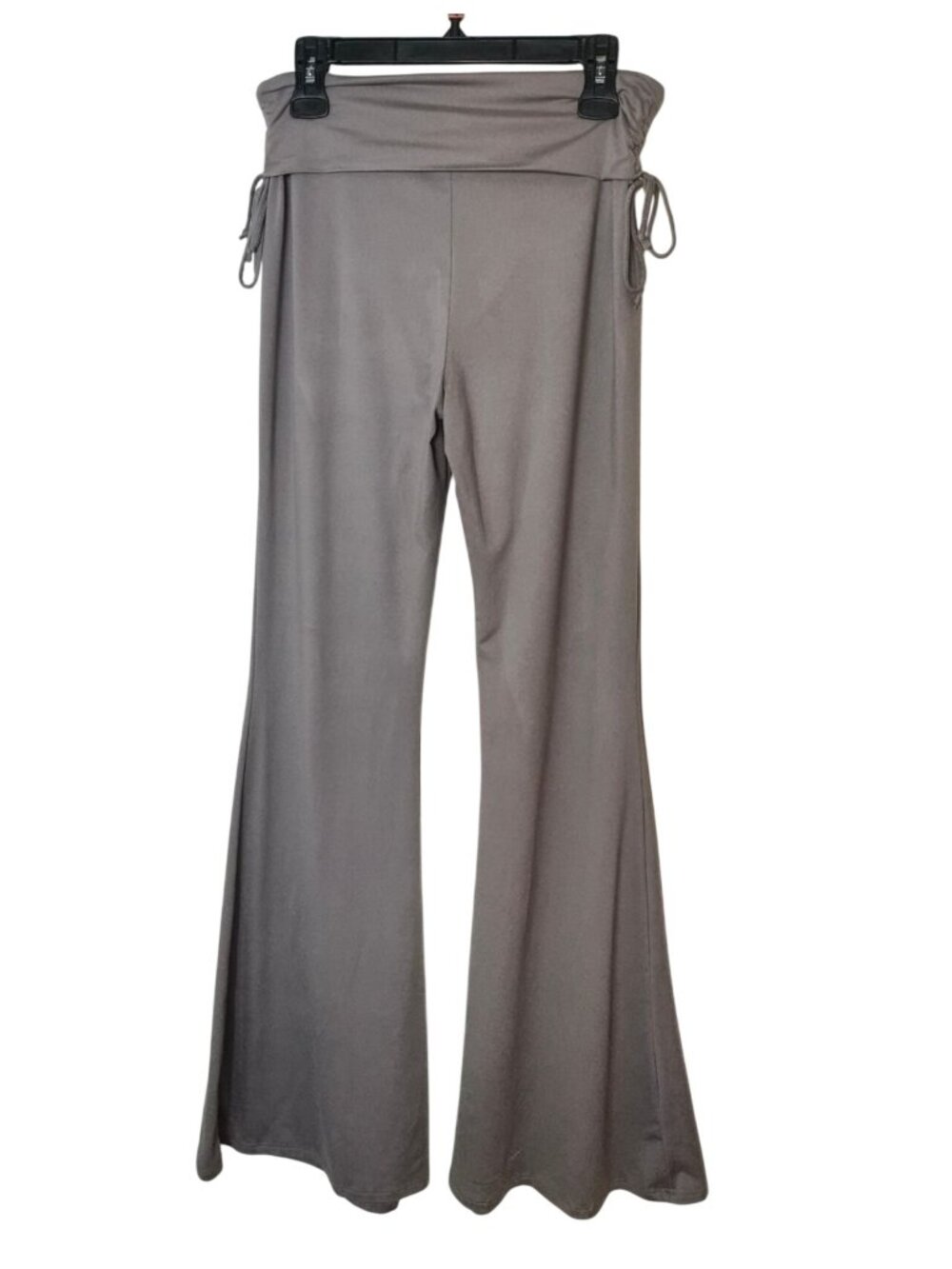 Womens L Fold Over Flare Pants Y2K Ruched Tie Sides Gray Stretch Yoga Grunge
